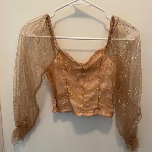 Peach rose gold celestial ruched puff sleeve croptop womens XS gold & silver